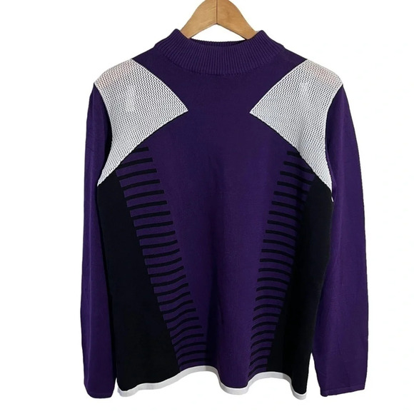 Ashley Stewart Sweater 22/24 Colorblock Lace Accent Mock Neck Stripe Dark Purple - Picture 1 of 5